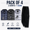 “Men’s Fashion Combo Pack – 3 Trendy Shirts + 1 Cargo Jeans”