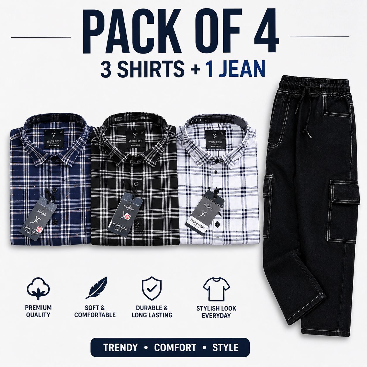 “Men’s Fashion Combo Pack – 3 Trendy Shirts + 1 Cargo Jeans”