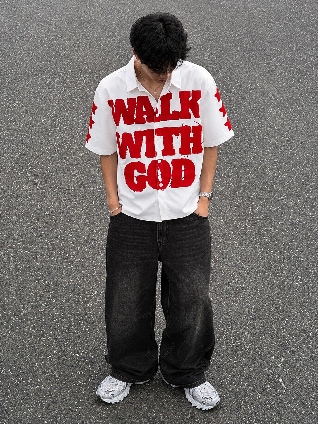 Walk With God Oversized Shirt for Men | White Graphic Printed Half Sleeve Streetwear Shirt (combo)