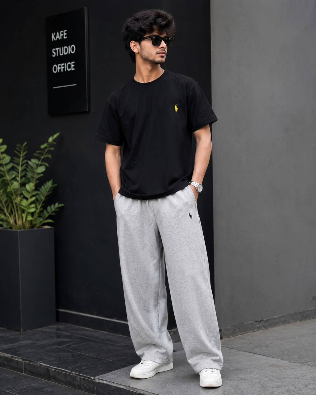 Black Oversized Tee × Grey Baggy Track Pants Combo