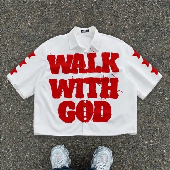 Walk With God Oversized Shirt for Men | White Graphic Printed Half Sleeve Streetwear Shirt (combo)